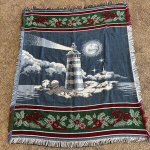 Vntg Tapestry Lighthouse Christmas Throw Blanket Nautical New England, 60"x 49"